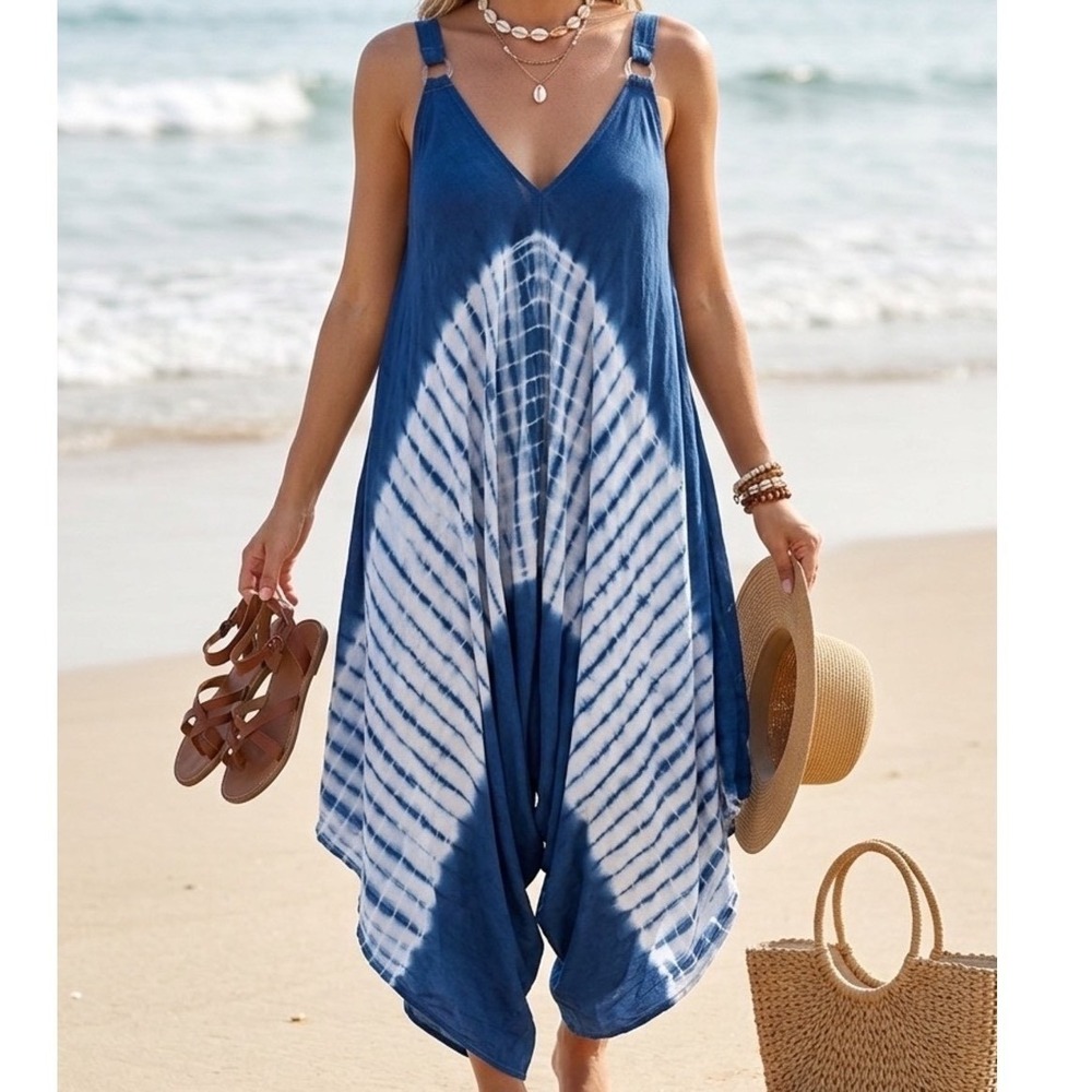 Shoreline Tie Dye Indigo Blue Harem Jumpsuit Romper Small Boho Beach Resortwear